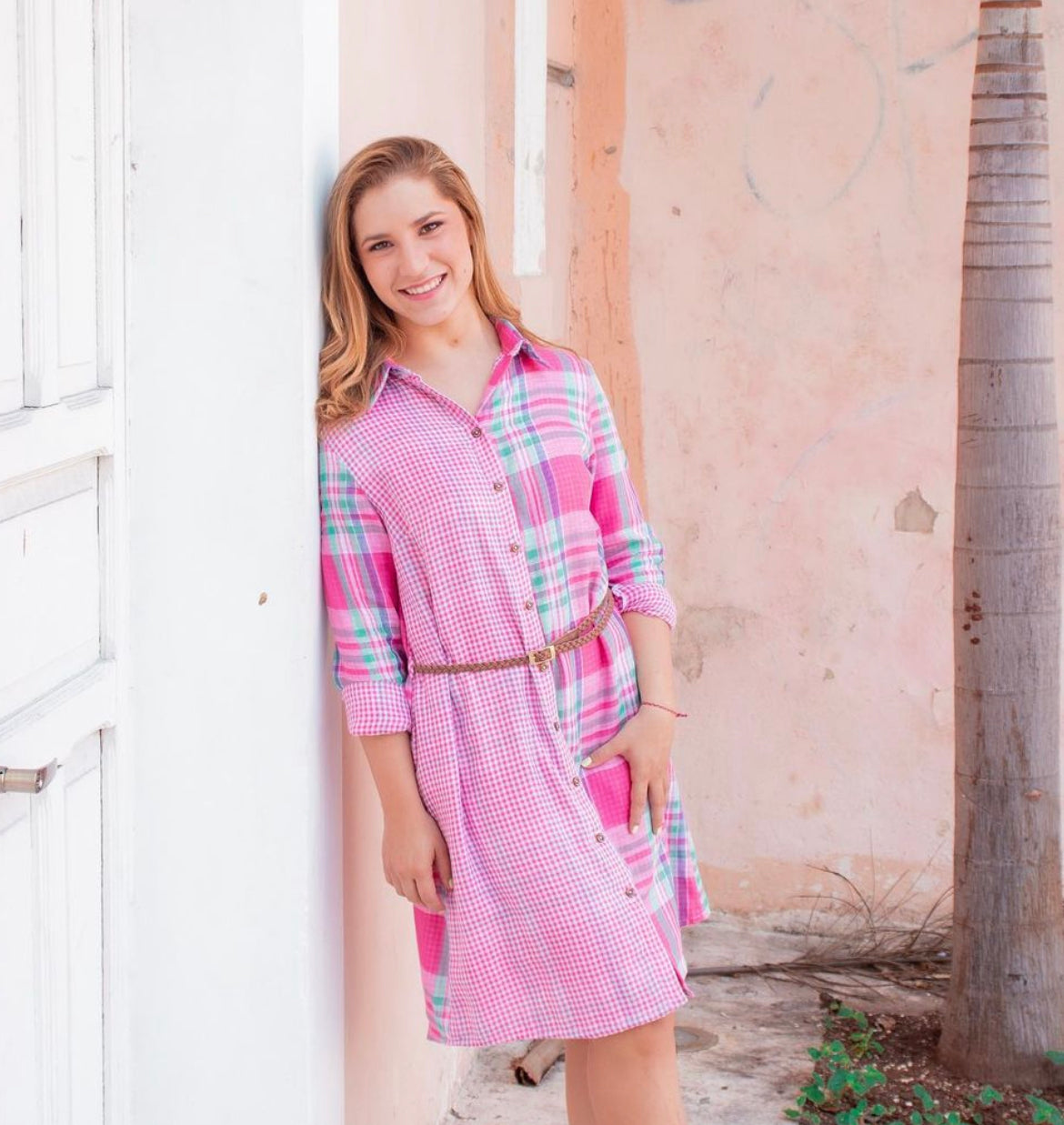 PINK CHECKED SHIRT DRESS