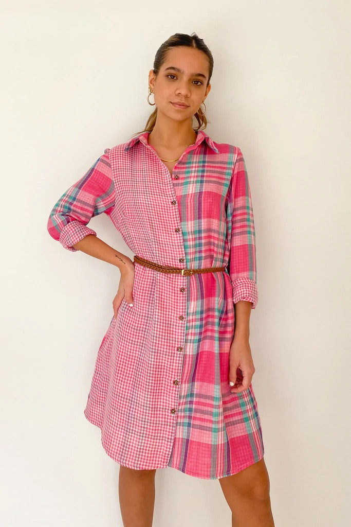 PINK CHECKED SHIRT DRESS