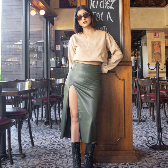 FALDA MIDI FAUX PIEL